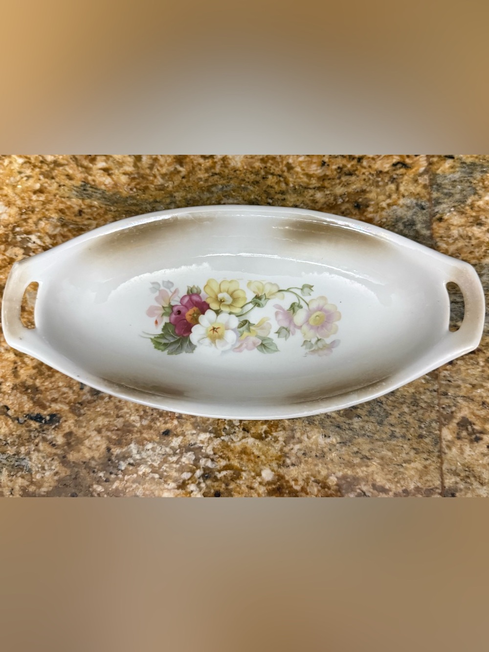 Vintage Floral Ceramic Serving celery Dish in White and Pastel Floral
